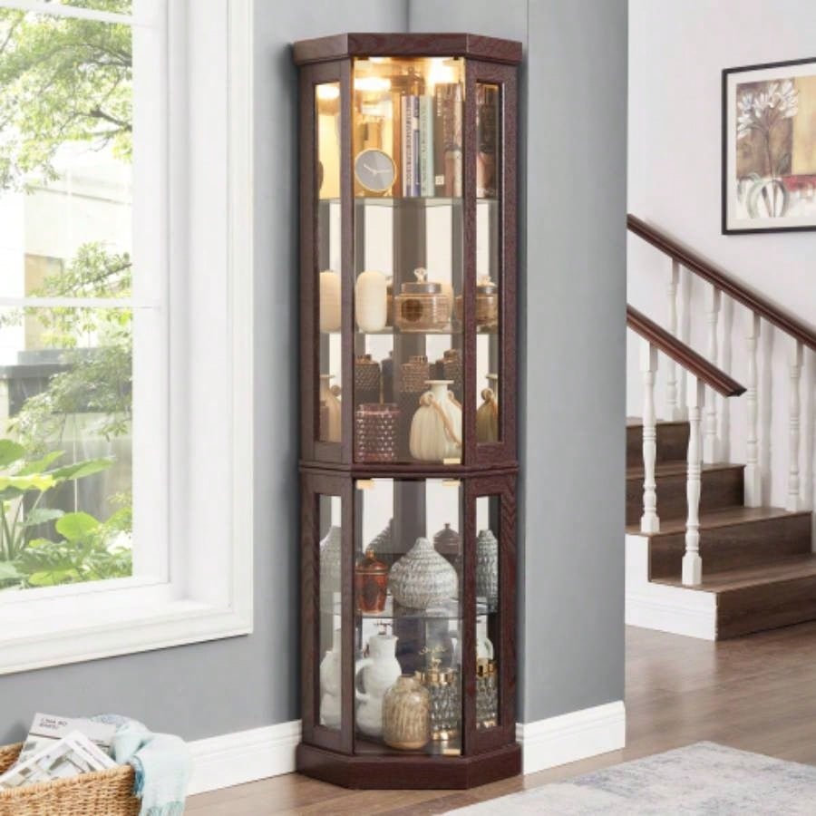 Corner Glass Cabinet Lighted Curio Cabinet Corner Display Living Room, Curio Cabinet, Antique, Wine, Bar Glass Storage Light Included, Dark Cherry