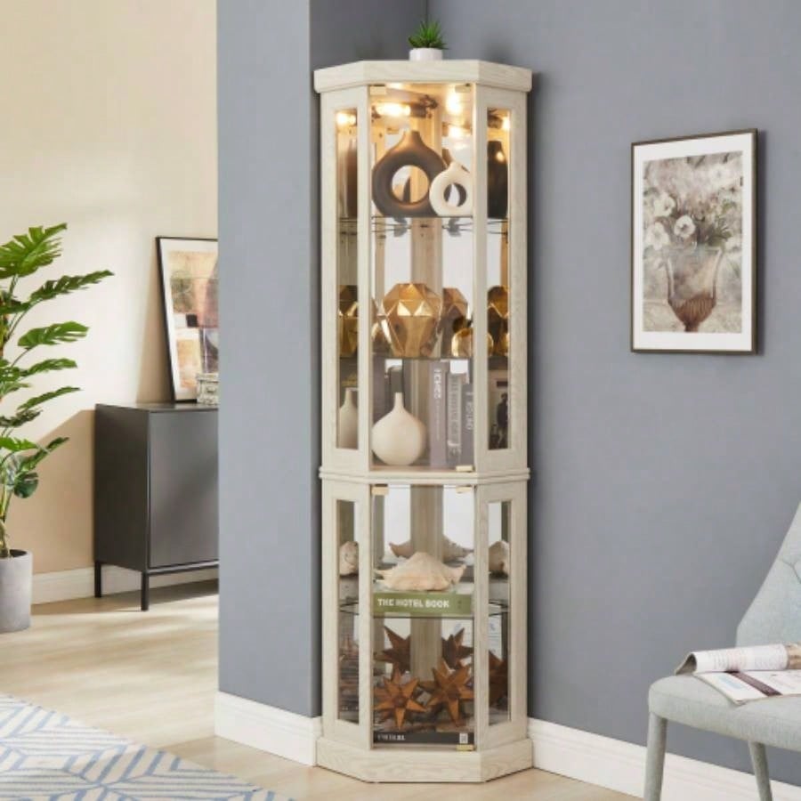 Corner Glass Cabinet Lighted Curio Cabinet Corner Display Living Room, Curio Cabinet, Antique, Wine, Bar Glass Storage Light Included, Dark Cherry