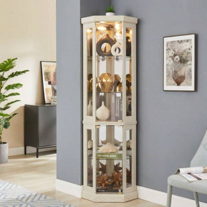 Corner Glass Cabinet Lighted Curio Cabinet Corner Display Living Room, Curio Cabinet, Antique, Wine, Bar Glass Storage Light Included, Dark Cherry