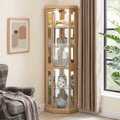 Corner Glass Cabinet Lighted Curio Cabinet Corner Display Living Room, Curio Cabinet, Antique, Wine, Bar Glass Storage Light Included, Dark Cherry