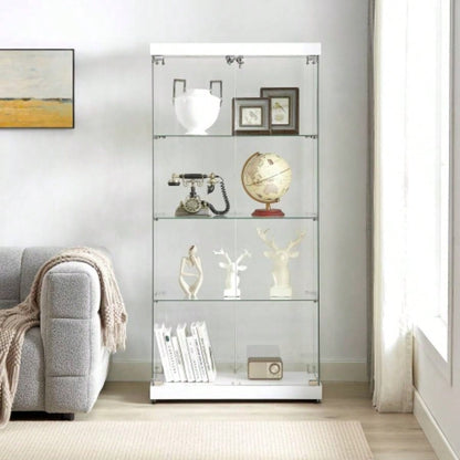4 - Tier Glass Display Cabinet, Double Door Glass Cabinet, Four Partitions, Two Locks, Floor Standing Storage Cabinet Living Room, Bedroom, Showroom and Office, White, 31.5Lx 14.2x 66.3H