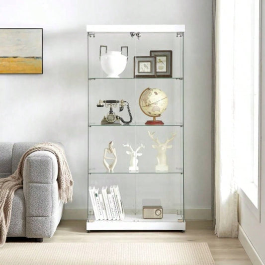 4 - Tier Glass Display Cabinet, Double Door Glass Cabinet, Four Partitions, Two Locks, Floor Standing Storage Cabinet Living Room, Bedroom, Showroom and Office, White, 31.5Lx 14.2x 66.3H