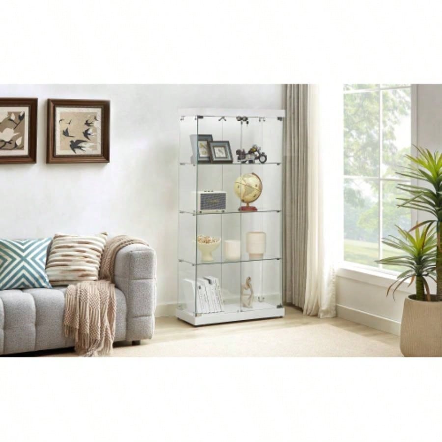 4 - Tier Glass Display Cabinet, Double Door Glass Cabinet, Four Partitions, Two Locks, Floor Standing Storage Cabinet Living Room, Bedroom, Showroom and Office, White, 31.5Lx 14.2x 66.3H