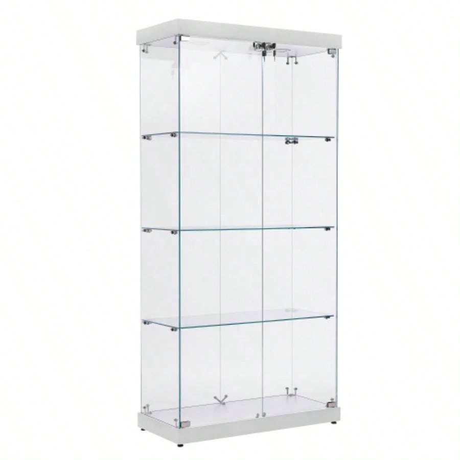 4 - Tier Glass Display Cabinet, Double Door Glass Cabinet, Four Partitions, Two Locks, Floor Standing Storage Cabinet Living Room, Bedroom, Showroom and Office, White, 31.5Lx 14.2x 66.3H