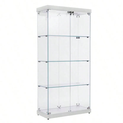 4 - Tier Glass Display Cabinet, Double Door Glass Cabinet, Four Partitions, Two Locks, Floor Standing Storage Cabinet Living Room, Bedroom, Showroom and Office, White, 31.5Lx 14.2x 66.3H