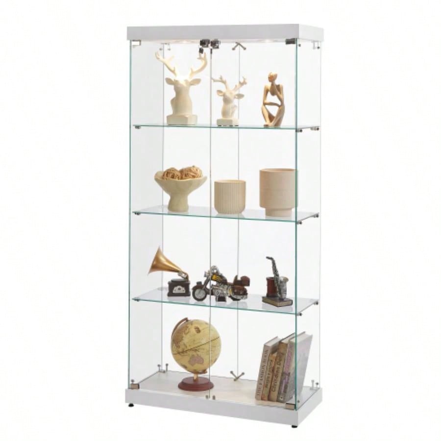4 - Tier Glass Display Cabinet, Double Door Glass Cabinet, Four Partitions, Two Locks, Floor Standing Storage Cabinet Living Room, Bedroom, Showroom and Office, White, 31.5Lx 14.2x 66.3H