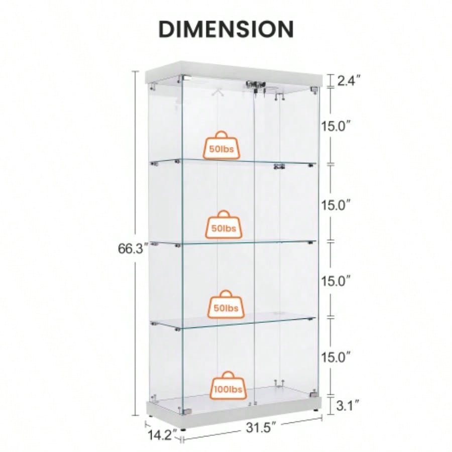 4 - Tier Glass Display Cabinet, Double Door Glass Cabinet, Four Partitions, Two Locks, Floor Standing Storage Cabinet Living Room, Bedroom, Showroom and Office, White, 31.5Lx 14.2x 66.3H