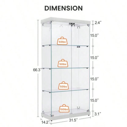 4 - Tier Glass Display Cabinet, Double Door Glass Cabinet, Four Partitions, Two Locks, Floor Standing Storage Cabinet Living Room, Bedroom, Showroom and Office, White, 31.5Lx 14.2x 66.3H