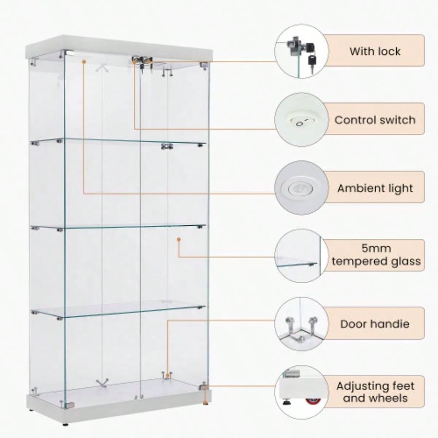 4 - Tier Glass Display Cabinet, Double Door Glass Cabinet, Four Partitions, Two Locks, Floor Standing Storage Cabinet Living Room, Bedroom, Showroom and Office, White, 31.5Lx 14.2x 66.3H