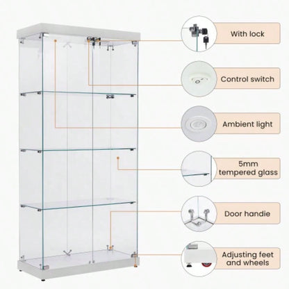 4 - Tier Glass Display Cabinet, Double Door Glass Cabinet, Four Partitions, Two Locks, Floor Standing Storage Cabinet Living Room, Bedroom, Showroom and Office, White, 31.5Lx 14.2x 66.3H