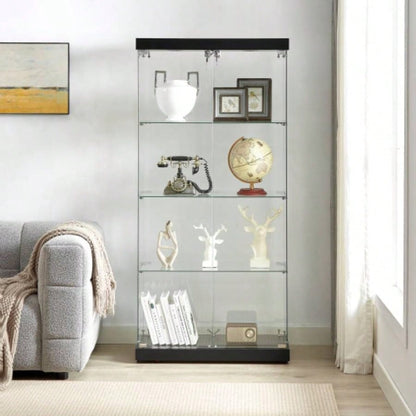 4 - Tier Glass Display Cabinet, Double Door Glass Cabinet, Four Partitions, Two Locks, Floor Standing Storage Cabinet Living Room, Bedroom, Showroom and Office, White, 31.5Lx 14.2x 66.3H