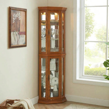 Corner Curio Cabinet Lighted Corner Display, Glass Display Shelf Shelving Bar cabinet with Tempered Glass Door, Bar Cabinet, Cabinet with Adjustable Shelf Glass Cabinet Shelves Bead Bulb Included OAK