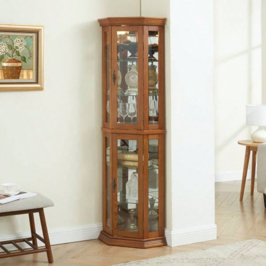 Corner Curio Cabinet Lighted Corner Display, Glass Display Shelf Shelving Bar cabinet with Tempered Glass Door, Bar Cabinet, Cabinet with Adjustable Shelf Glass Cabinet Shelves Bead Bulb Included OAK