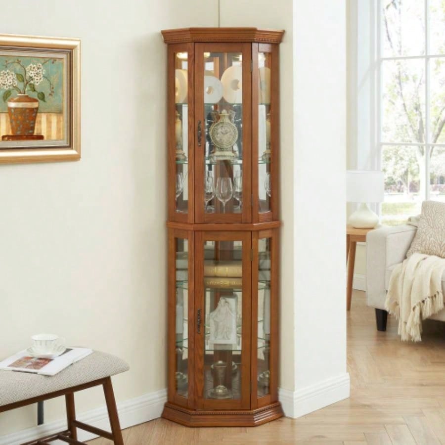 Corner Curio Cabinet Lighted Corner Display, Glass Display Shelf Shelving Bar cabinet with Tempered Glass Door, Bar Cabinet, Cabinet with Adjustable Shelf Glass Cabinet Shelves Bead Bulb Included OAK