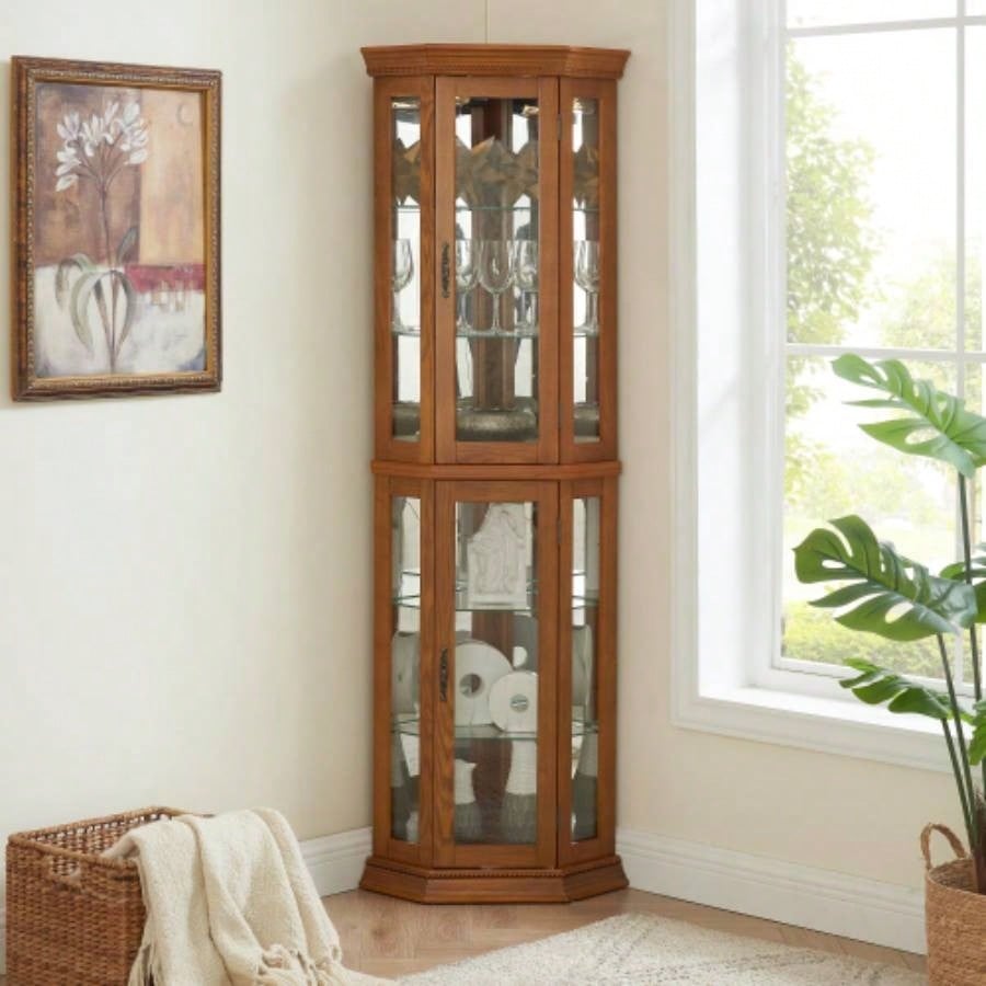 Corner Curio Cabinet Lighted Corner Display, Glass Display Shelf Shelving Bar cabinet with Tempered Glass Door, Bar Cabinet, Cabinet with Adjustable Shelf Glass Cabinet Shelves Bead Bulb Included OAK