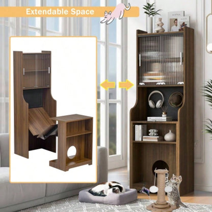 Mid - Modern Walnut Vintage Multi - use Cabinet With Scratcher Bed, Side Cabinet with Extendable table