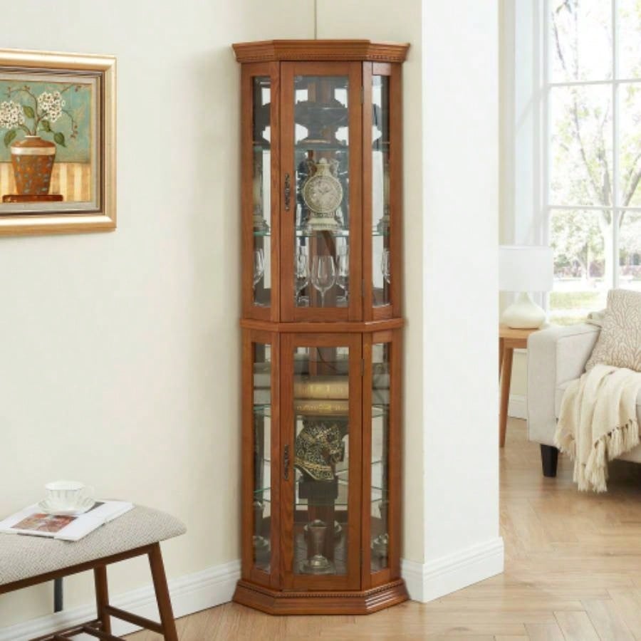 Corner Curio Cabinet Lighted Corner Display, Glass Display Shelf Shelving Bar cabinet with Tempered Glass Door, Bar Cabinet, Cabinet with Adjustable Shelf Glass Cabinet Shelves Bead Bulb Included OAK
