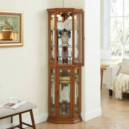 Corner Curio Cabinet Lighted Corner Display, Glass Display Shelf Shelving Bar cabinet with Tempered Glass Door, Bar Cabinet, Cabinet with Adjustable Shelf Glass Cabinet Shelves Bead Bulb Included OAK