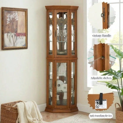 Corner Curio Cabinet Lighted Corner Display, Glass Display Shelf Shelving Bar cabinet with Tempered Glass Door, Bar Cabinet, Cabinet with Adjustable Shelf Glass Cabinet Shelves Bead Bulb Included OAK