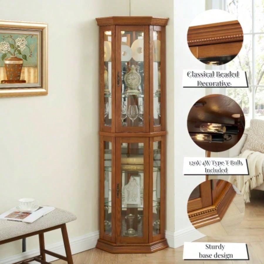 Corner Curio Cabinet Lighted Corner Display, Glass Display Shelf Shelving Bar cabinet with Tempered Glass Door, Bar Cabinet, Cabinet with Adjustable Shelf Glass Cabinet Shelves Bead Bulb Included OAK