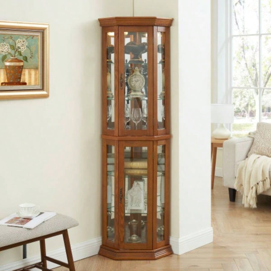 Corner Curio Cabinet Lighted Corner Display, Glass Display Shelf Shelving Bar cabinet with Tempered Glass Door, Bar Cabinet, Cabinet with Adjustable Shelf Glass Cabinet Shelves Bead Bulb Included OAK
