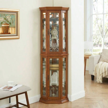 Corner Curio Cabinet Lighted Corner Display, Glass Display Shelf Shelving Bar cabinet with Tempered Glass Door, Bar Cabinet, Cabinet with Adjustable Shelf Glass Cabinet Shelves Bead Bulb Included OAK