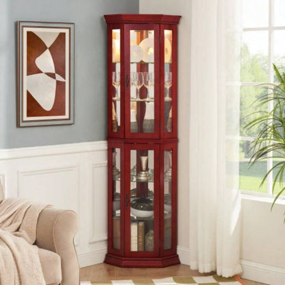 Corner Curio Cabinet Lighted Corner Display, Glass Display Shelf Shelving Bar cabinet with Tempered Glass Door, Bar Cabinet, Cabinet with Adjustable Shelf Glass Cabinet Shelves Bead Bulb Included OAK