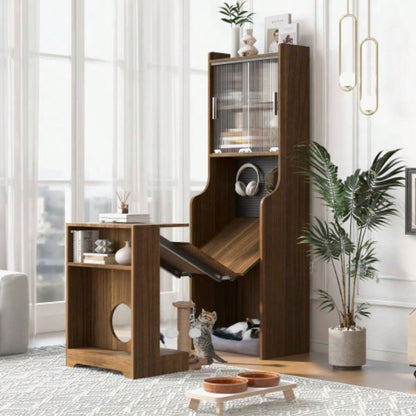 Mid - Modern Walnut Vintage Multi - use Cabinet With Scratcher Bed, Side Cabinet with Extendable table