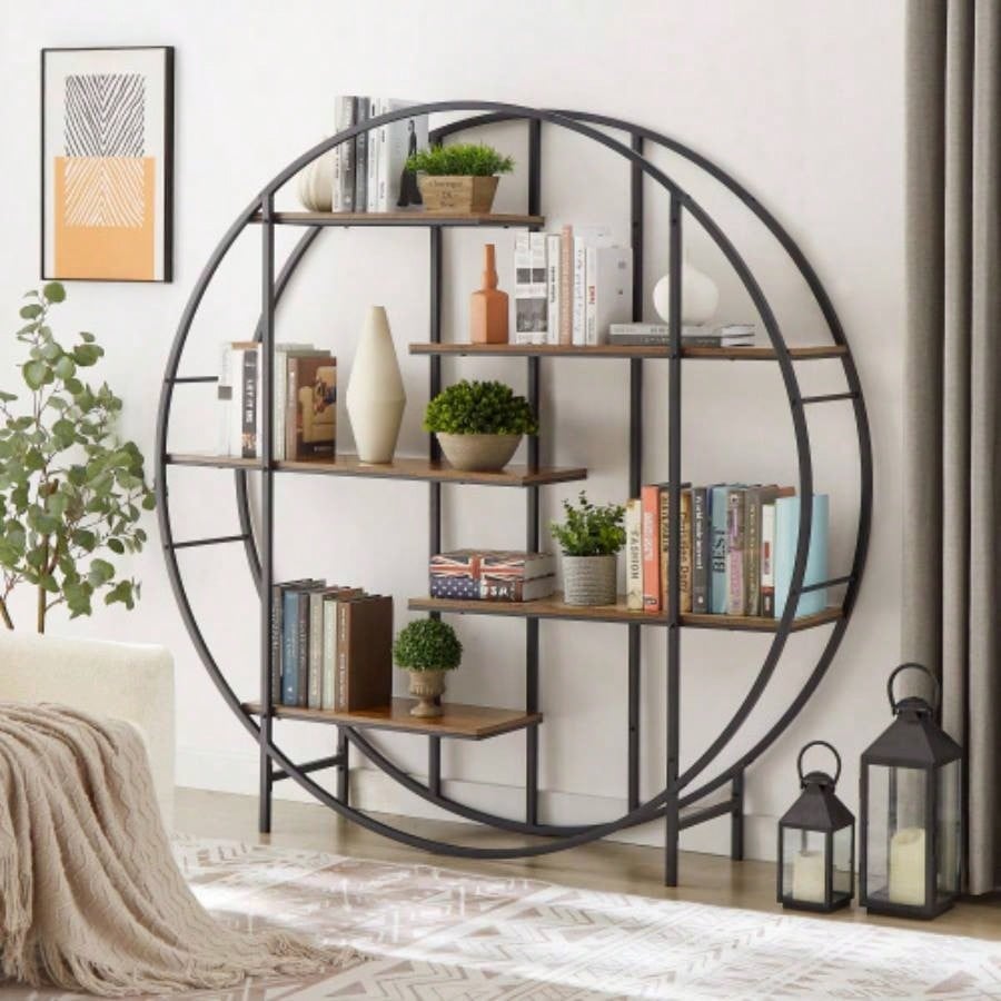 Round 5 - Tier Metal Plant Stand bookcase storage rack, Indoor Living Room Terrace Garden Balcony Display Stand. Rustic Brown, 67x 11.8 Dx 67 H.