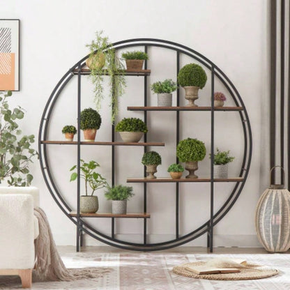 Round 5 - Tier Metal Plant Stand bookcase storage rack, Indoor Living Room Terrace Garden Balcony Display Stand. Rustic Brown, 67x 11.8 Dx 67 H.
