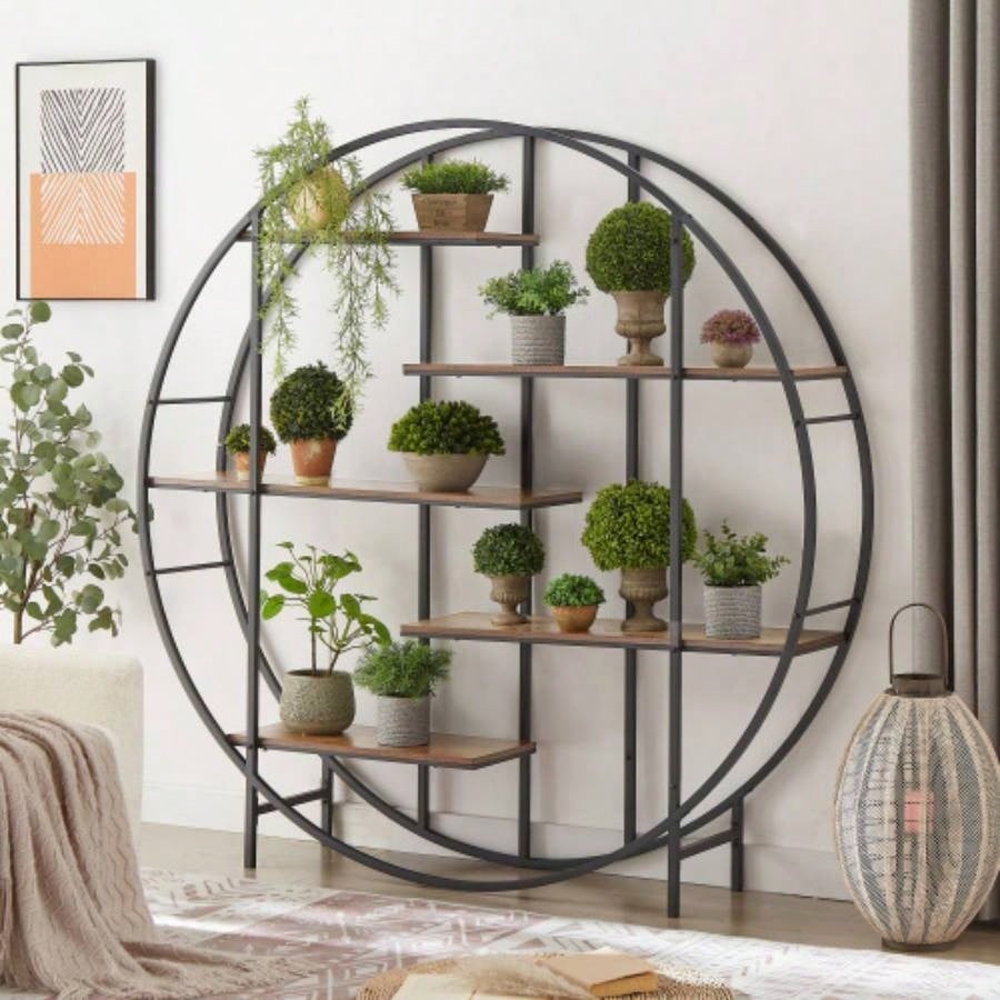 Round 5 - Tier Metal Plant Stand bookcase storage rack, Indoor Living Room Terrace Garden Balcony Display Stand. Rustic Brown, 67x 11.8 Dx 67 H.