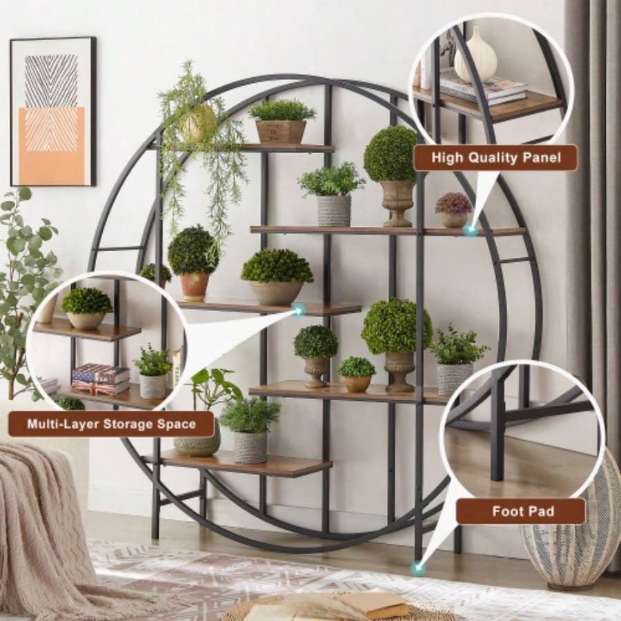 Round 5 - Tier Metal Plant Stand bookcase storage rack, Indoor Living Room Terrace Garden Balcony Display Stand. Rustic Brown, 67x 11.8 Dx 67 H.