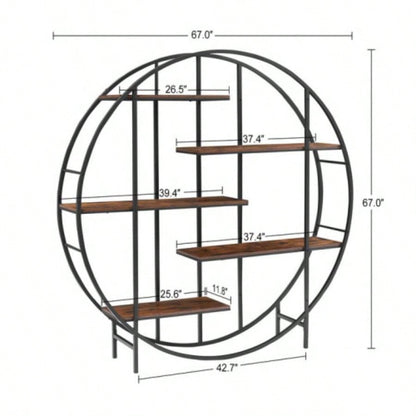 Round 5 - Tier Metal Plant Stand bookcase storage rack, Indoor Living Room Terrace Garden Balcony Display Stand. Rustic Brown, 67x 11.8 Dx 67 H.