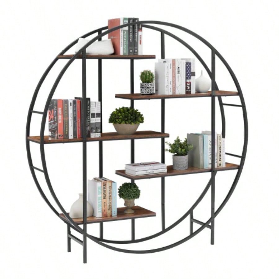Round 5 - Tier Metal Plant Stand bookcase storage rack, Indoor Living Room Terrace Garden Balcony Display Stand. Rustic Brown, 67x 11.8 Dx 67 H.