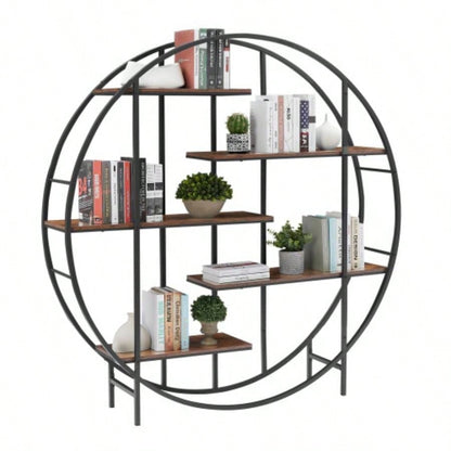 Round 5 - Tier Metal Plant Stand bookcase storage rack, Indoor Living Room Terrace Garden Balcony Display Stand. Rustic Brown, 67x 11.8 Dx 67 H.