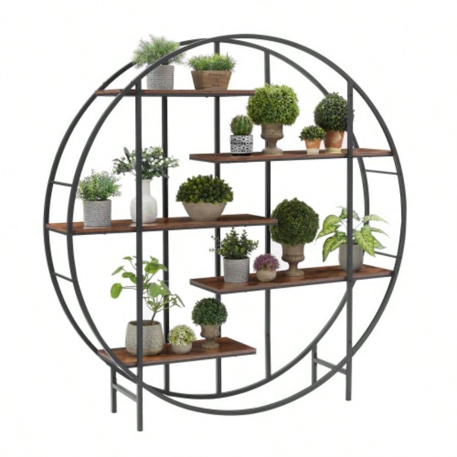 Round 5 - Tier Metal Plant Stand bookcase storage rack, Indoor Living Room Terrace Garden Balcony Display Stand. Rustic Brown, 67x 11.8 Dx 67 H.