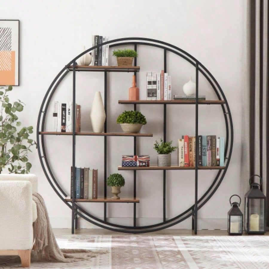 Round 5 - Tier Metal Plant Stand bookcase storage rack, Indoor Living Room Terrace Garden Balcony Display Stand. Rustic Brown, 67x 11.8 Dx 67 H.