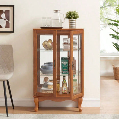 2 Doors Curio Cabinet with Tempered Glass Doors, Curio Cabinets with Mirrored Back Panel and Adjustable Shelves, Lighted Display Cabinet Home, Office Light Bulb Included Oak
