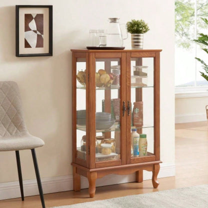 2 Doors Curio Cabinet with Tempered Glass Doors, Curio Cabinets with Mirrored Back Panel and Adjustable Shelves, Lighted Display Cabinet Home, Office Light Bulb Included Oak