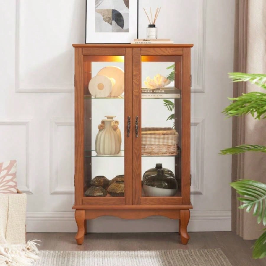 2 Doors Curio Cabinet with Tempered Glass Doors, Curio Cabinets with Mirrored Back Panel and Adjustable Shelves, Lighted Display Cabinet Home, Office Light Bulb Included Oak