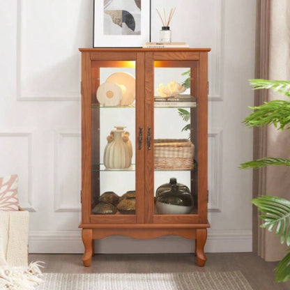 2 Doors Curio Cabinet with Tempered Glass Doors, Curio Cabinets with Mirrored Back Panel and Adjustable Shelves, Lighted Display Cabinet Home, Office Light Bulb Included Oak