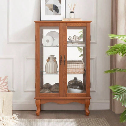 2 Doors Curio Cabinet with Tempered Glass Doors, Curio Cabinets with Mirrored Back Panel and Adjustable Shelves, Lighted Display Cabinet Home, Office Light Bulb Included Oak