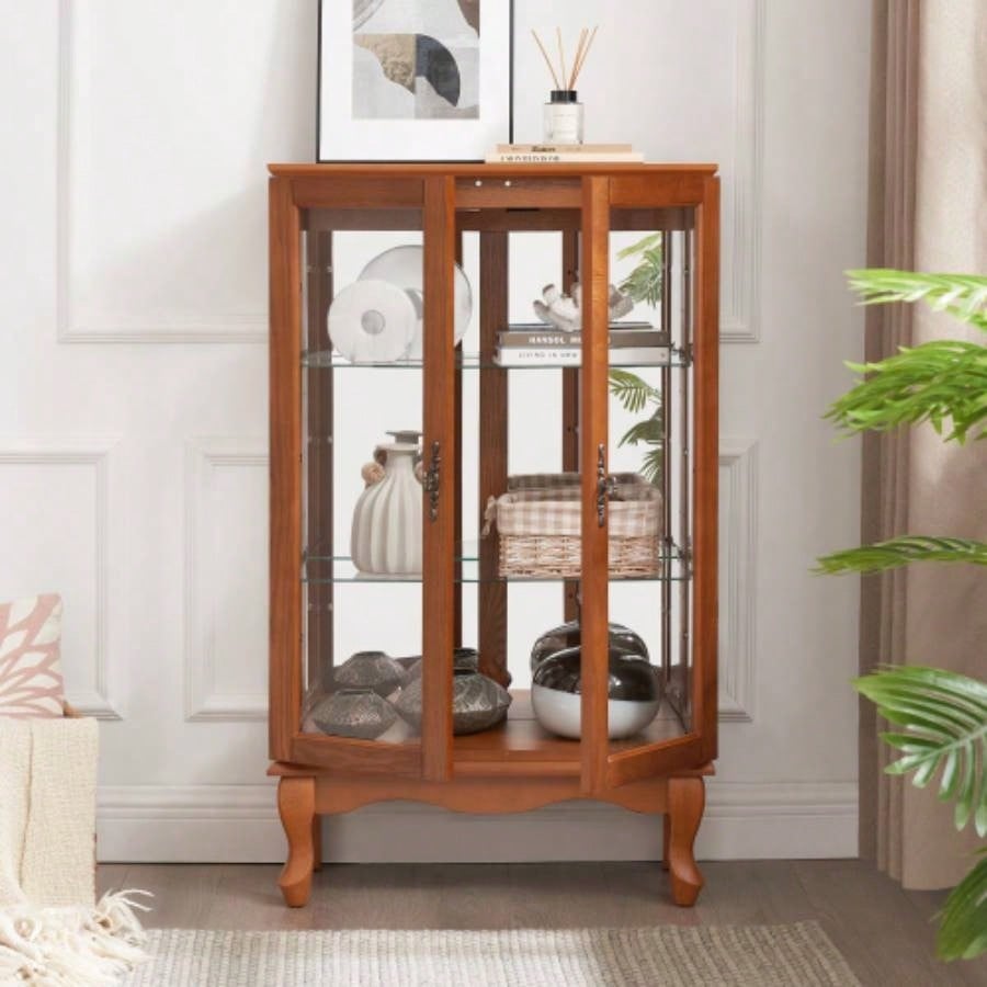 2 Doors Curio Cabinet with Tempered Glass Doors, Curio Cabinets with Mirrored Back Panel and Adjustable Shelves, Lighted Display Cabinet Home, Office Light Bulb Included Oak
