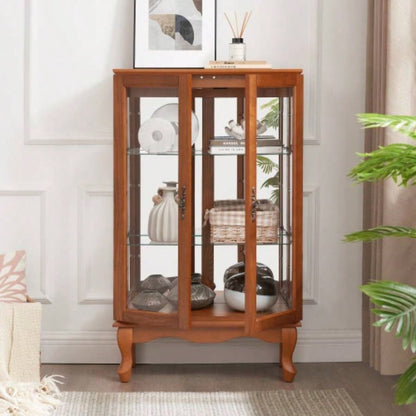 2 Doors Curio Cabinet with Tempered Glass Doors, Curio Cabinets with Mirrored Back Panel and Adjustable Shelves, Lighted Display Cabinet Home, Office Light Bulb Included Oak