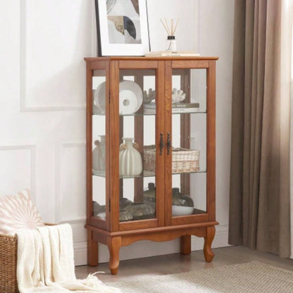 2 Doors Curio Cabinet with Tempered Glass Doors, Curio Cabinets with Mirrored Back Panel and Adjustable Shelves, Lighted Display Cabinet Home, Office Light Bulb Included Oak