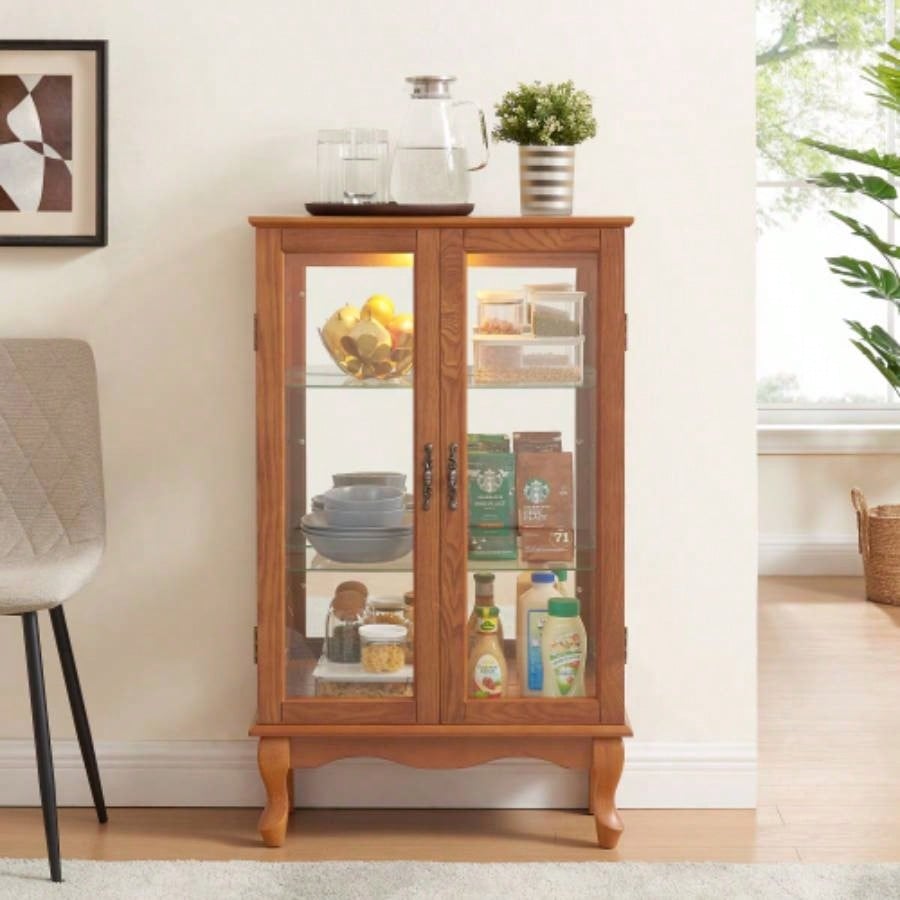2 Doors Curio Cabinet with Tempered Glass Doors, Curio Cabinets with Mirrored Back Panel and Adjustable Shelves, Lighted Display Cabinet Home, Office Light Bulb Included Oak