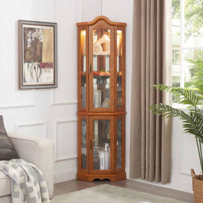 Curio Cabinet Lighted Glass Display Curio Cabinet/Tempered Glass Doors and Shelves, Crown Corner Cabinet with Bulb, Corner Storage Decoration Living room and Bedroom OAK