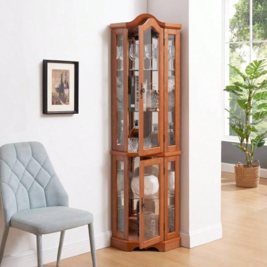 Curio Cabinet Lighted Glass Display Curio Cabinet/Tempered Glass Doors and Shelves, Crown Corner Cabinet with Bulb, Corner Storage Decoration Living room and Bedroom OAK