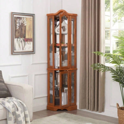 Curio Cabinet Lighted Glass Display Curio Cabinet/Tempered Glass Doors and Shelves, Crown Corner Cabinet with Bulb, Corner Storage Decoration Living room and Bedroom OAK