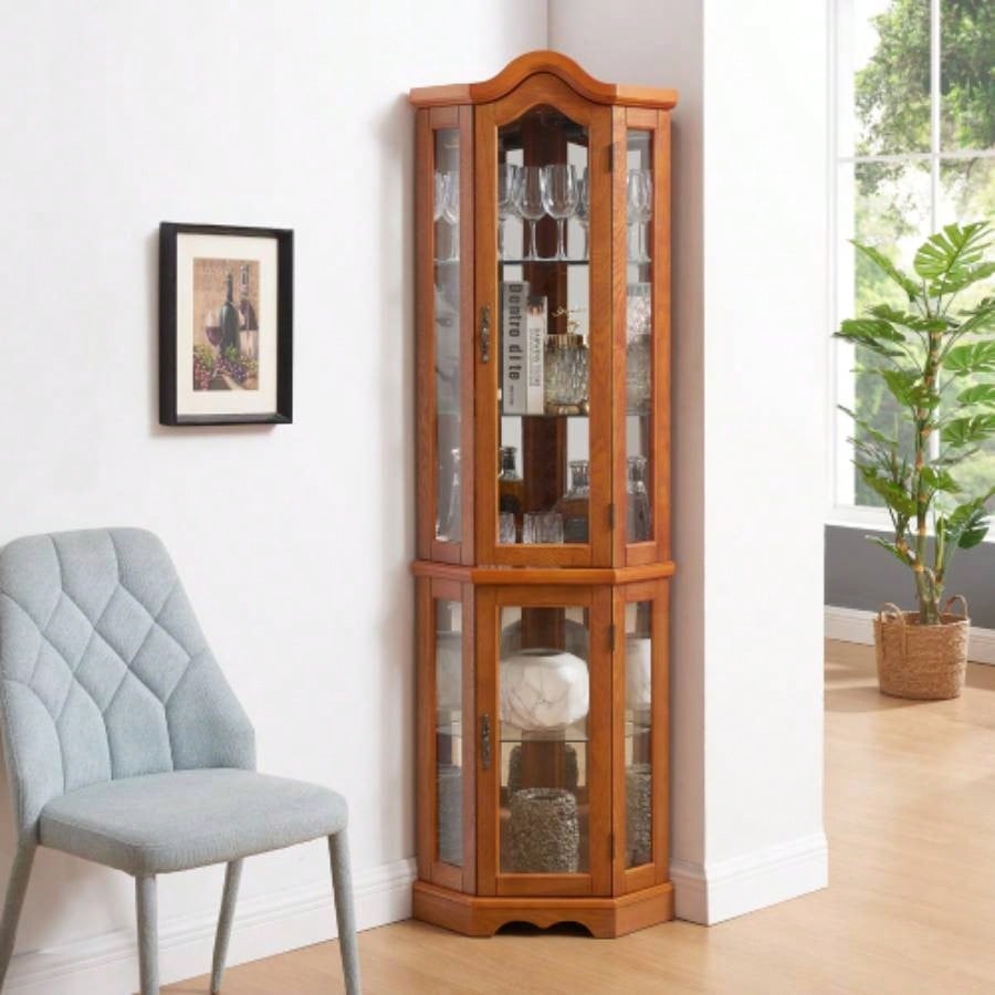 Curio Cabinet Lighted Glass Display Curio Cabinet/Tempered Glass Doors and Shelves, Crown Corner Cabinet with Bulb, Corner Storage Decoration Living room and Bedroom OAK